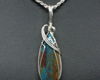 Handmade Peruvian Blue Opal Pendant: Sterling Silver Wire Wrap Necklace