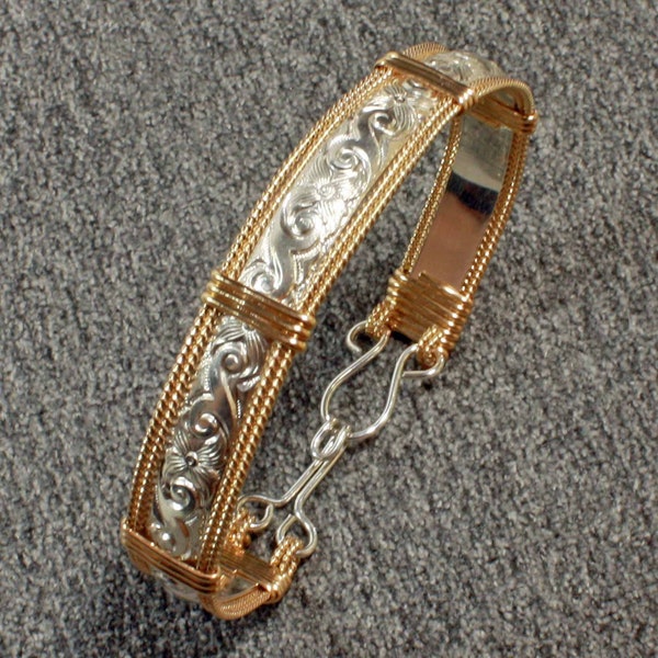 Pulsera de plata y oro hecha a mano, pulsera llena de oro de ley y 14k, pulsera de plata para mujeres, brazalete de ley con diseño de envoltura de alambre