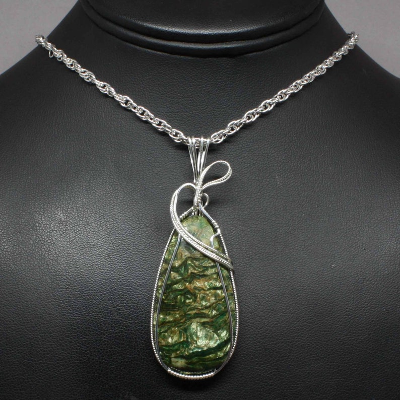 Large Green Opal Fossilwood Pendant, Natural Fossilwood Stone Necklace, Sterling Silver Wire Wrapped, Handmade Opal Pendant Necklace Women image 2