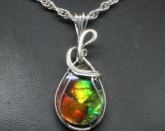 Rare Ammolite Gemstone Pendant, Natural Ammolite Necklace, Sterling Silver Wire Wrapped, Handmade Ammolite Jewelry Ammolite Pendant Necklace