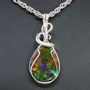 Rare Ammolite Gemstone Pendant, Natural Ammolite Necklace, Sterling Silver Wire Wrapped, Handmade Ammolite Jewelry Ammolite Pendant Necklace