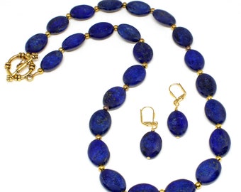 Blue Lapis Lazuli Beaded Necklace w/Earrings , Handmade Statement Necklace for Women, Lapis Natural Stone Necklace, Lapis Jewelry Set