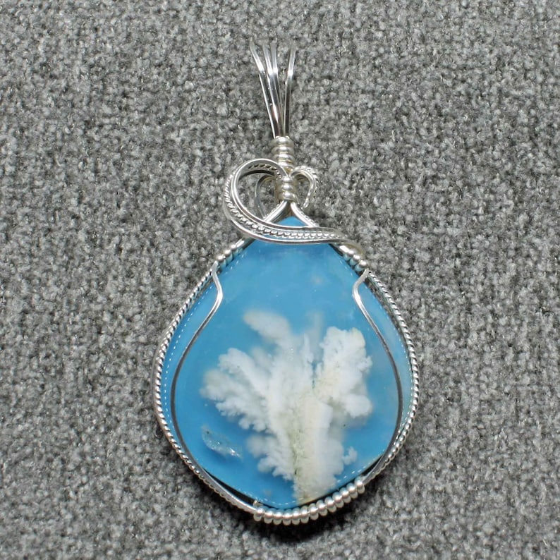 Blue Plume Agate Stone Pendant, Natural Plume Agate Necklace, Handmade Sterling Silver Wire Wrap Gemstone, Agate Jewelry Plume Agate Pendant image 3