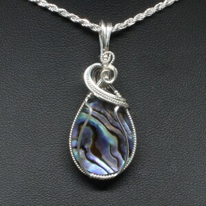 Abalone Gemstone Pendant, Natural Abalone Stone Necklace, Sterling Silver Wire Wrapped, Handmade Abalone Jewelry Abalone Pendant Necklace