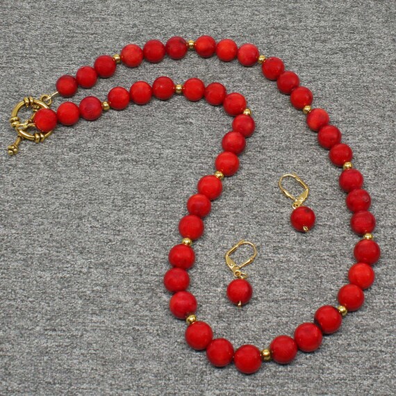 Handmade Red Coral Beaded Necklace W/earrings Statement - Etsy