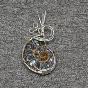 Ammonite w/Abalone Stone Pendant, Ammonite Fossil Necklace, Sterling Silver Wire Wrapped, Handmade Ammonite Jewelry Abalone Necklace Pendant image 3