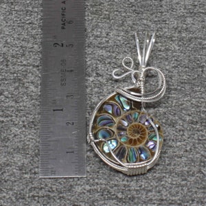 Ammonite w/Abalone Stone Pendant, Ammonite Fossil Necklace, Sterling Silver Wire Wrapped, Handmade Ammonite Jewelry Abalone Necklace Pendant image 5