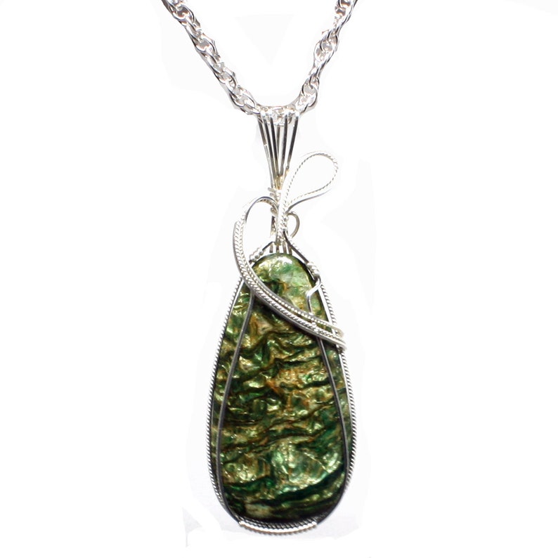 Large Green Opal Fossilwood Pendant, Natural Fossilwood Stone Necklace, Sterling Silver Wire Wrapped, Handmade Opal Pendant Necklace Women image 7