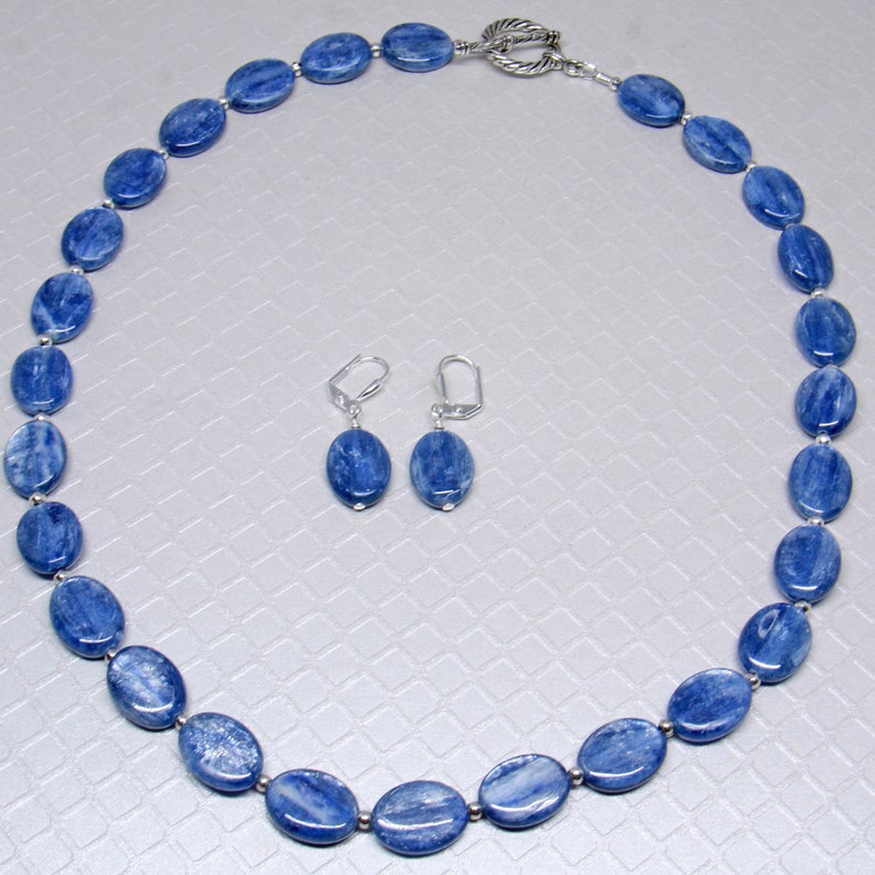 Natural Kyanite Beaded Necklace w/Earrings , Handmade Statement Necklace for Women, Long Kyanite Natural Stone Necklace, Blue Jewelry Set image 1