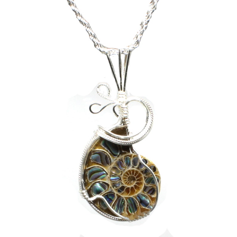 Ammonite w/Abalone Stone Pendant, Ammonite Fossil Necklace, Sterling Silver Wire Wrapped, Handmade Ammonite Jewelry Abalone Necklace Pendant image 7
