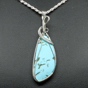 Kingman Turquoise Gemstone Pendant, Natural Turquoise Stone Necklace, Sterling Silver Wire Wrap, Kingman Turquoise Pendant Necklace Jewelry