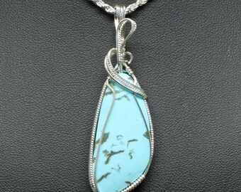 Kingman Turquoise Gemstone Pendant, Natural Turquoise Stone Necklace, Sterling Silver Wire Wrap, Kingman Turquoise Pendant Necklace Jewelry