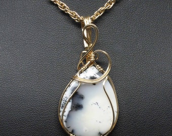 Dendrite Agate Gemstone Pendant, Dendrite Opal Necklace, 14K Gold Fill Wire Wrapped, Handmade Dendrite Jewelry Dendrite Pendant Necklace