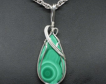 Malachite Stone Pendant, Natural Malachite Necklace, Handmade Sterling Silver Wire Wrap Gemstone, Malachite Jewelry, Malachite Pendant