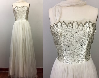 Vintage 50s Strapless Ballgown Evening Dress Cream Satin Beaded Mesh White Wedding S