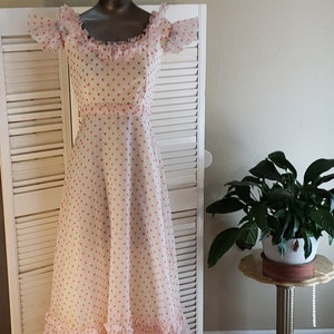 Vintage 80s Ruffled Pink/White Polka Dot Ballgown / Empire Waist / Regency Core / Barbie Dress image 1
