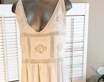 Stunning Ivory Antique 1920s Silk Gown / Plunge Front/Back / S / Rare