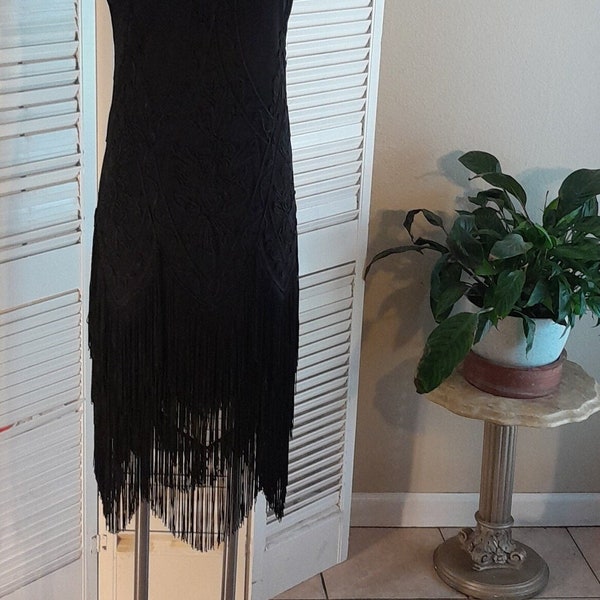 Vintage Black Flapper Dress Black 20s style / Deco Soutache Pattern / Party Fringe  M