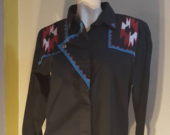 Vintage 90s Black Southwest Western Shirt Blouse Long Sleeve M