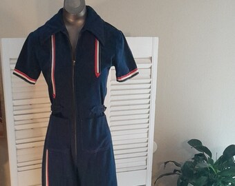 Vintage 70s/80s Charlie's Angels'  Zip Front Blue DENIM  Bell BottomJumpsuit XS