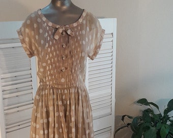 Paul Sachs 50/60s Original Semi Sheer Tan/White Polka Dot  Shirtwaist Day Dress M/