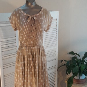 Paul Sachs 50/60s Original Semi Sheer Tan/White Polka Dot Shirtwaist Day Dress M/ image 1