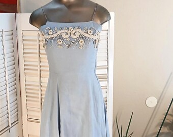 Gorgeous 50s Blue Dress / Hand Set Rhinestones / Pearls / Silver Chain Straps / Glam / Pinup