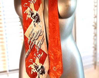 Corbata vaquera vintage marrón/canela de los años 40 / "Panorama de América de Georges Schreiber para Raxon" / ARTÍCULO DE COLECCIÓN EXTRAÑO