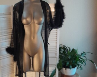 Vintage 80s/90s Sheer Black Duster / Robe/ Bell Sleeves w/Ostirch Feathers / In Bloom by Jonquil / M/L