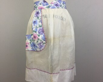 Vintage 40s Sheer White and Floral Pocket Apron