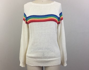Vintage 70s 80s White RAINBOW Sweater S/M