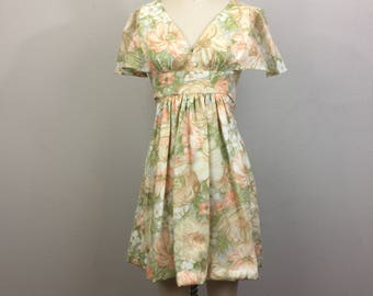 Vintage 70s Floral Mini Dress Butterfly Sleeves XS
