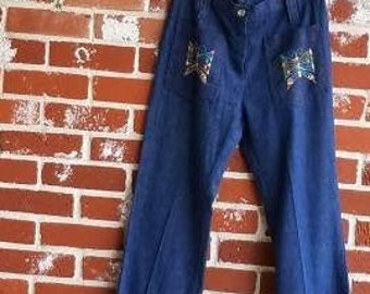 Vintage 70s Denim Bells Bellbottoms W/ Butterfly Embroidery Hippie Flower Child  28"waist