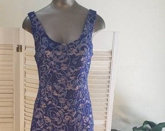 Vintage 90s Lacy Blue Sparkle Cache Body Con Dress  S/M  Scalloped Bottom