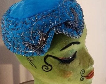 Gorgeous Evelyn Varon Exclusive Blue Velvet High Fashion Beaded Hat