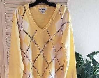 Vintage 60s Mens Argyle Yellow/White V Neck  COTTON Full Fashioned Sweater sz M made in UK