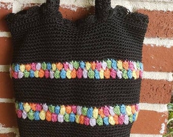 Vintage 60s Black Hand Crochet Bag w/Splashes of Color / Scallop Trim