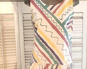 Vintage Pink 80s Cotton Stripe/Squiggle Pattern Penelope Shift Dress / Cotton /Pockets! /m