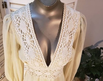 Vintage 70s Cotton Ivory Gunne Sax Dress Lace / White Crochet Lace Trim - sZM