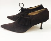 Vintage 90s JIMMY CHOO Shoes Brown Suede Leather Fringe Heels Pointy Toe Lace-Up Designer 7.5