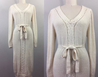 Amazing 1970s Kay Cosserat Hand Knit / Handmade Grey Angora Silk Mohair Caftan Dress w Belt