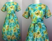Vintage 50s Dress Blue and Yellow Floral DEADSTOCK Pleated Full Skirt w Belt 1950s L