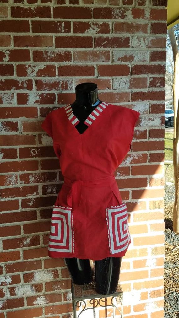 Vintage 40s Red Top Cotton RARE Pockets Tunic Apro