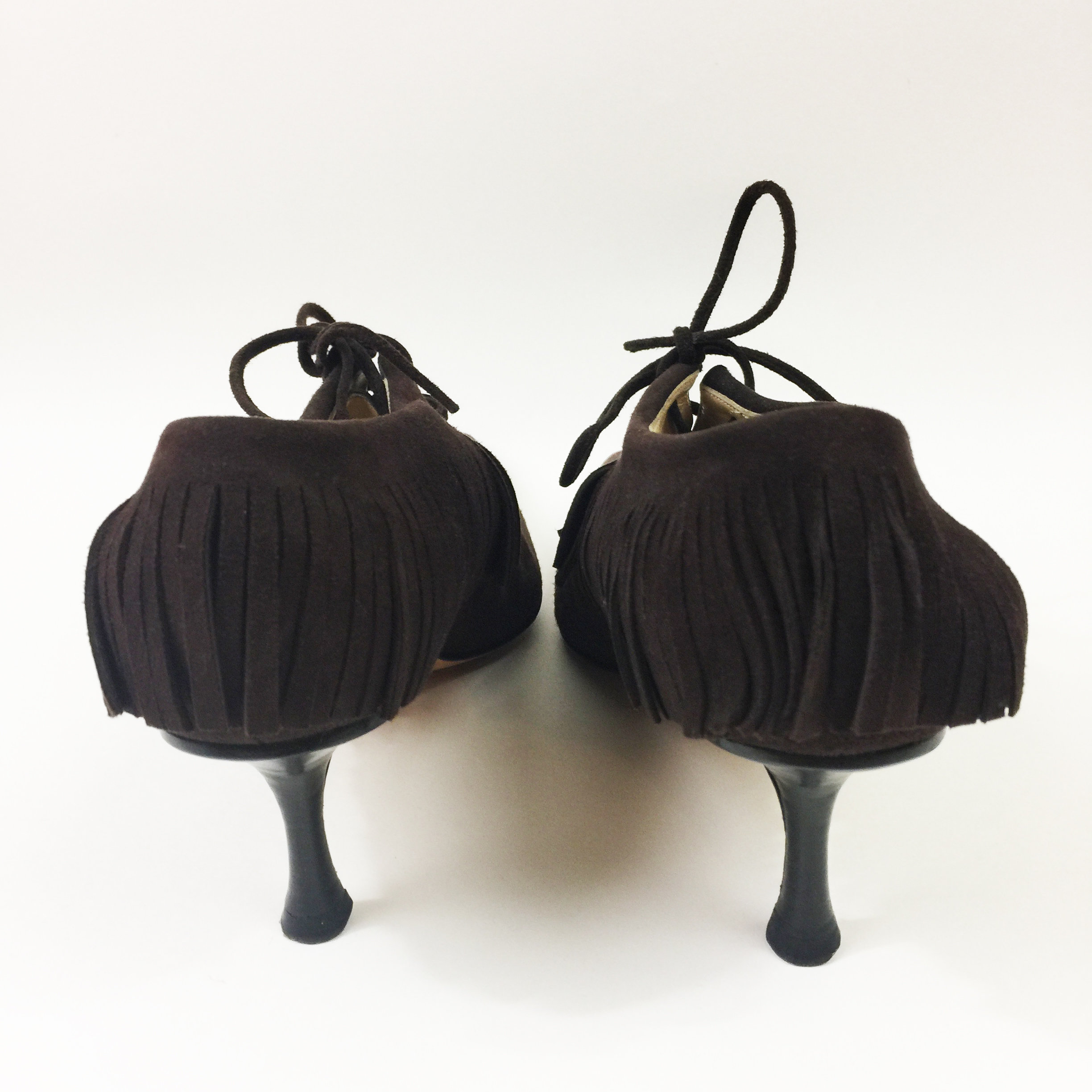Vintage 90s JIMMY CHOO Shoes Brown Suede Leather Fringe Heels