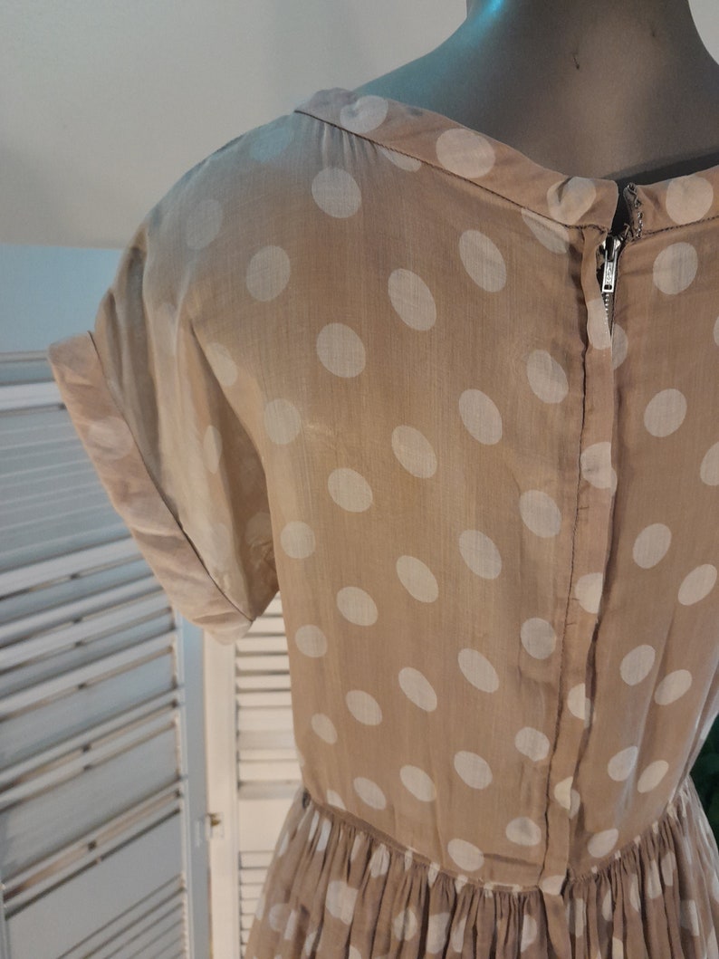 Paul Sachs 50/60s Original Semi Sheer Tan/White Polka Dot Shirtwaist Day Dress M/ image 3