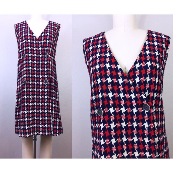 Vintage 60s MOD Houndstooth Dress Wool Red White B