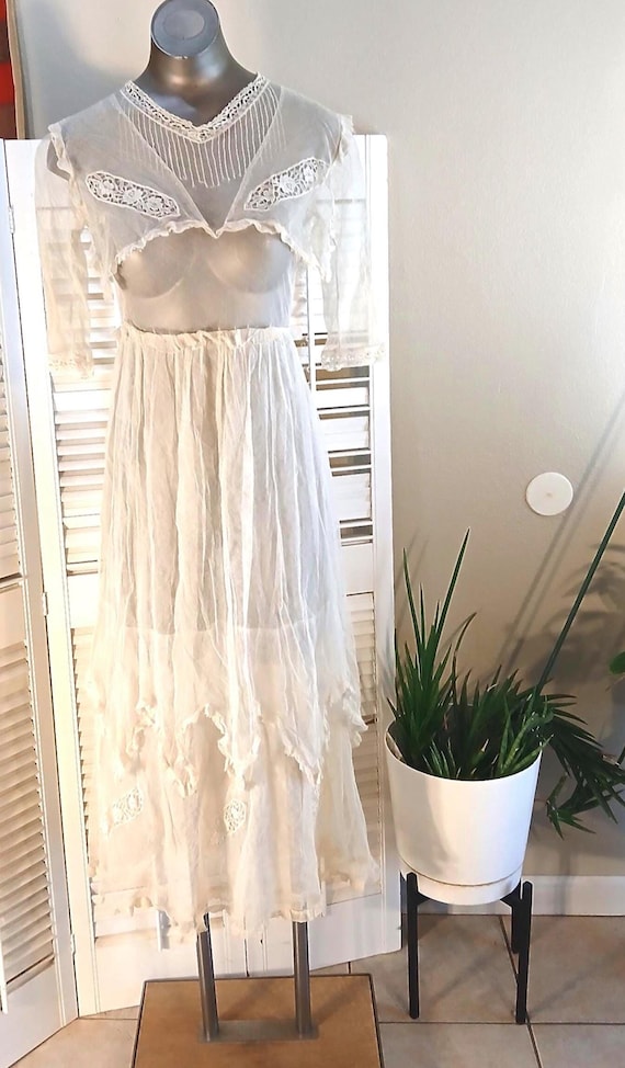 Vestido de novia antiguo TOC de tul y encaje de algodón blanco con