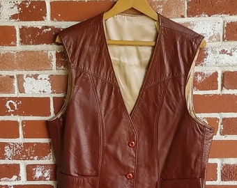 70s Men's Full  Leather Vest Satin Lining Hippie Cowboy