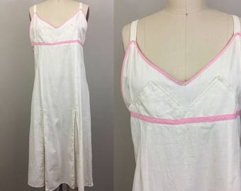 Vintage 1920s White Cotton Sundress w/ Pink Trim 20s Flapper Dress Deco M/L