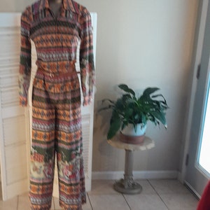 Vintage 70s Novelty Print Jumpsuit / Pointed Collar /Jersey Fabric / sz S image 2